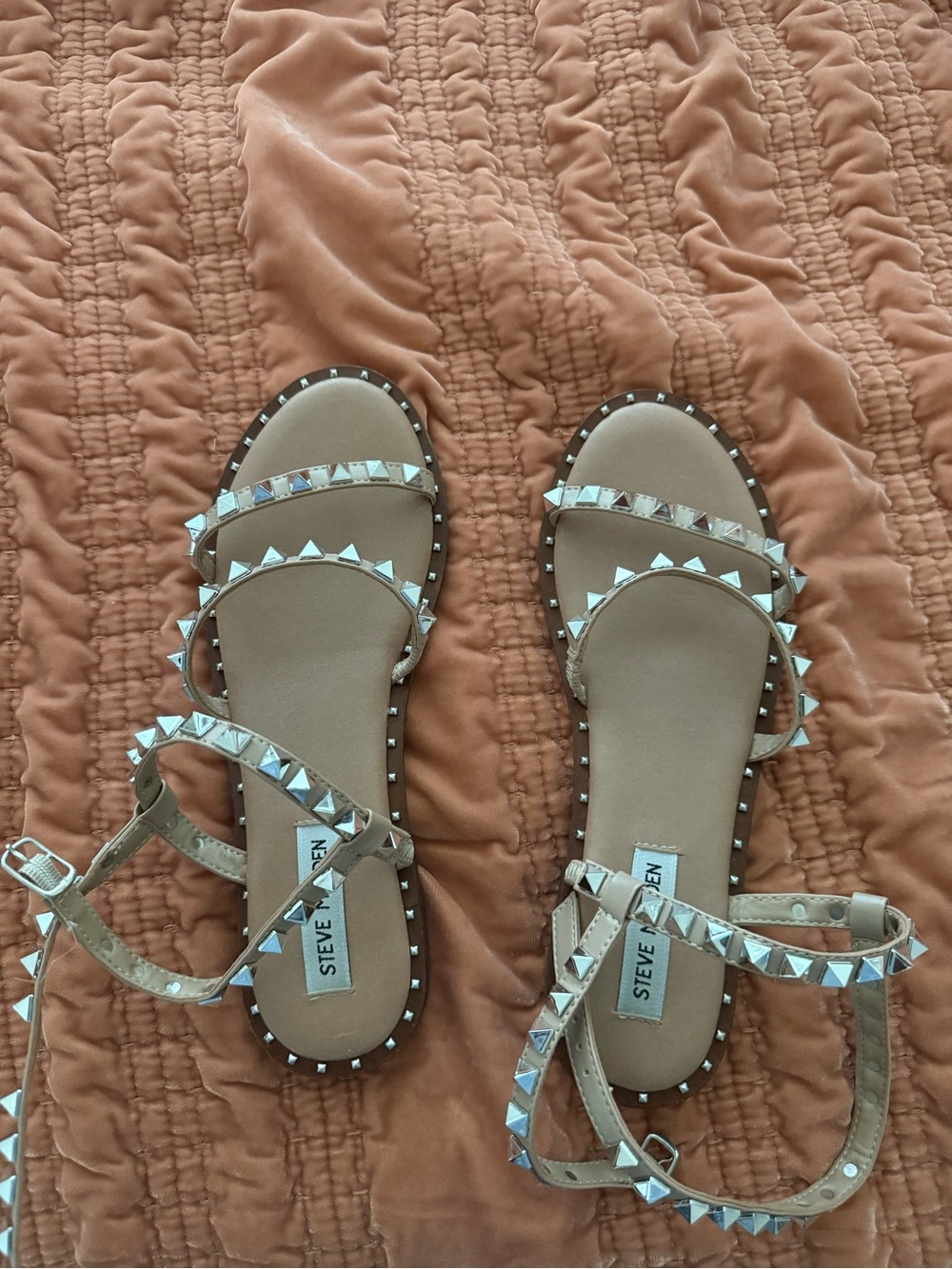 Steve Madden Taupe Studded Ankle-Strap Flat Sandals